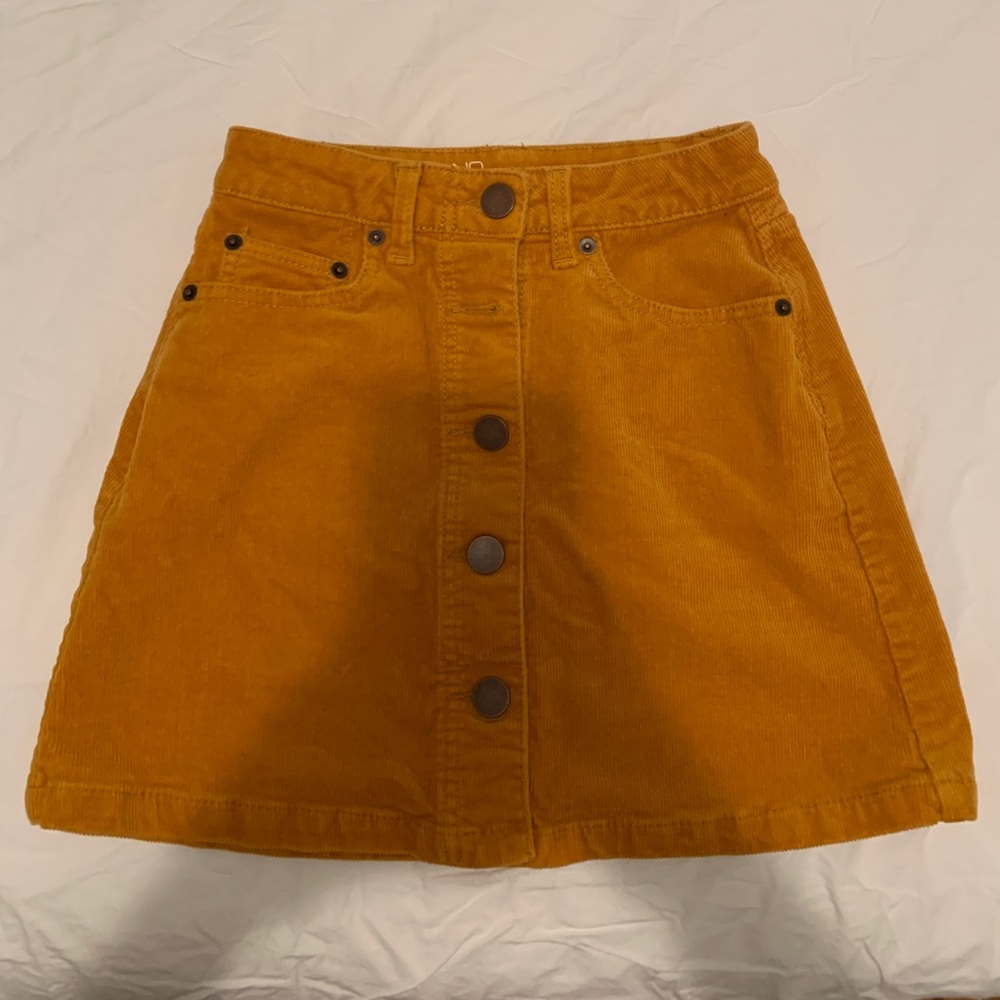 yellow button up corduroy-jean skirt